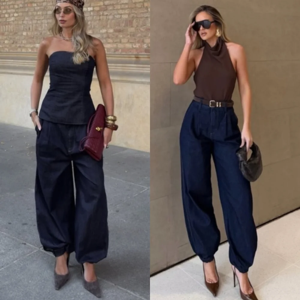 ZARA SET 2pc DENIM BALLOON PANTS and Top DARK BLUE SIZE M